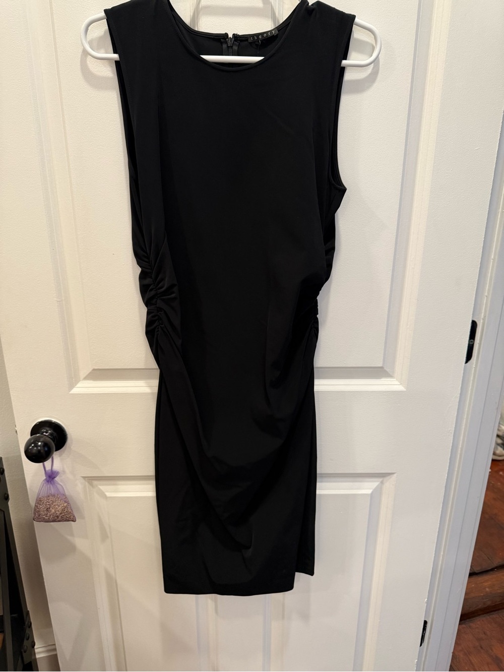 Theory Black Sleeveless Ruched-Side Sheath Dress